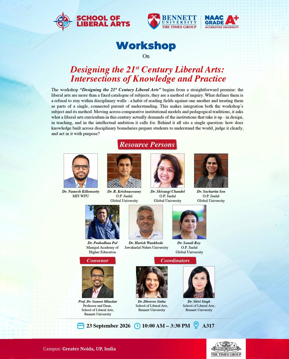sumeetmhaskar's tweet photo. Tomorrow at Bennett University!
#liberalarts
#socialscience
@bennettuniv https://t.co/zyHzDAFfts