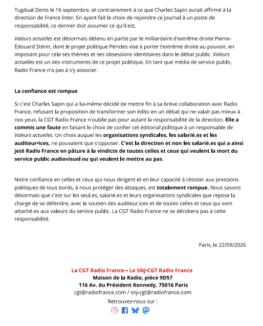 GeWoessner's tweet photo. "Le pluralisme, comme la liberté d'expression, connaît des limites."
Et ces limites, ce n'est pas la loi, ni la Justice qui les dictent.
C'est la CGT de France Inter. ✊
Tenez-vous le pour dit. 🙃

(Je déconne, mais la CGT de @franceinter nous annonce ici très sérieusement qu'ils sont le nouveau régulateur de l'audiovisuel public. C'est très, très flippant.)