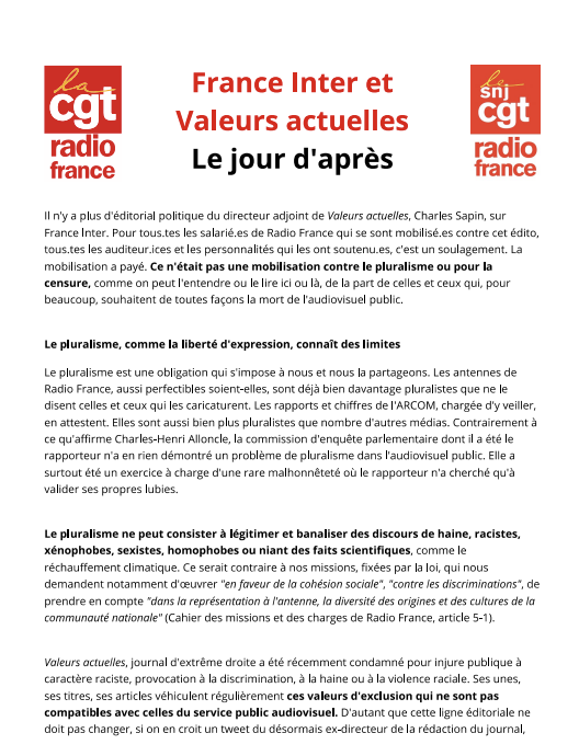 GeWoessner's tweet photo. "Le pluralisme, comme la liberté d'expression, connaît des limites."
Et ces limites, ce n'est pas la loi, ni la Justice qui les dictent.
C'est la CGT de France Inter. ✊
Tenez-vous le pour dit. 🙃

(Je déconne, mais la CGT de @franceinter nous annonce ici très sérieusement qu'ils sont le nouveau régulateur de l'audiovisuel public. C'est très, très flippant.)