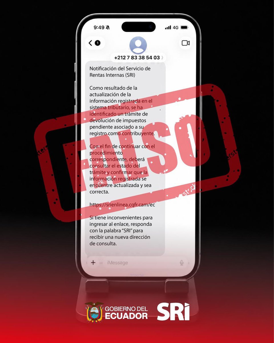 GuadalupeMacasS's tweet photo. ⚠️ Los ciberdelincuentes buscan engañarte. No les des la oportunidad.

Recuerda que el SRI nunca solicita tus datos personales o bancarios mediante enlaces enviados por mensajes de texto o aplicaciones de mensajería.

Verifica siempre nuestros canales oficiales. https://t.co/VFrorm7Uuw