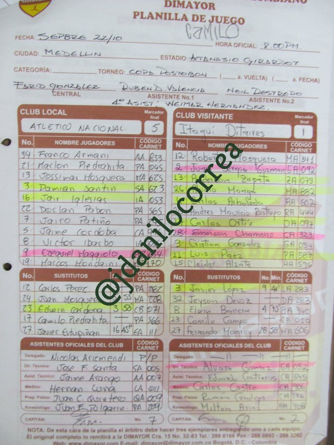 jdanilocorrea's tweet photo. #DatoVerdolaga Esta es la planilla oficial del partido donde debutó Franco Armani con @nacionaloficial ante @AguilasDoradas el 22 de septiembre de 2010, un día como hoy hace 16 años en el marco de la Copa Colombia. https://t.co/n6MQDzHnH2