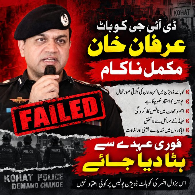 Political_Gup's tweet photo. ڈی آئی جی کوہاٹ عرفان خان مکمل ناکام کوہاٹ ڈویژن پولیس میں شدید بے چینی امن و امان کی بگڑتی صورتحال اور پولیس فورس کے اندر بڑھتے تحفظات کے تناظر میں ڈی آئی جی کوہاٹ عرفان خان کو فوری طور پر عہدے سے ہٹانے کا مطالبہ۔ 

 کوہاٹ ڈویژن کو مؤثر اور مضبوط پولیس قیادت کی ضرورت ہے۔ https://t.co/cOQaa6zTUX