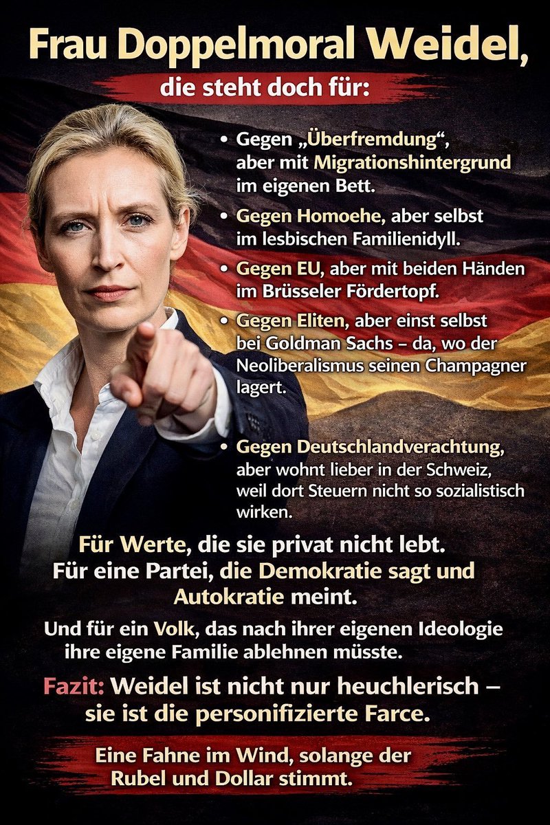 peterroemerac's tweet photo. Ich stelle vor: @Alice_Weidel 
Frau Doppelmoral von der menschenverachtenden, rechtsextremen,  demokratie- und verfassungsfeindlichen @AfD https://t.co/x2rR6gUZHw