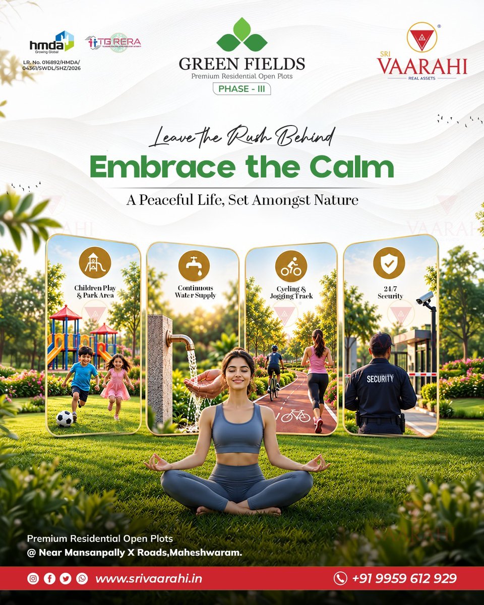 Sri_Varahi_'s tweet photo. When did you last actually breathe — slow, deep, no noise, no rush? 🌿

Green Fields Phase III, Maheshwaram.

Kids' park. Cycling track. 24/7 security. Continuous water. And a garden where you can just sit. 🧘‍♀️

Leave the rush behind. Embrace the calm.

📞 +91 9959 612 929 https://t.co/HFpciLPx6G