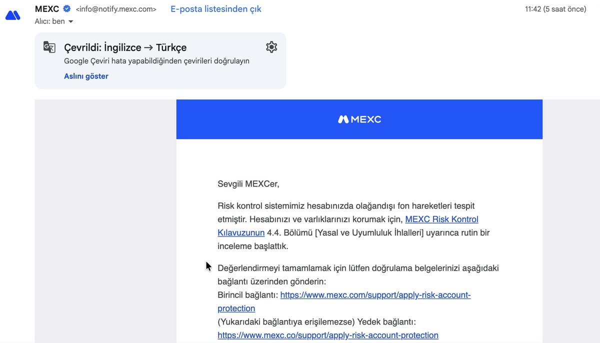 CryptooSeneR's tweet photo. Bugün yaşadığım @MEXC 4.4 Yasal Uyumluluk İncelemesi ve sonucu... 

#MEXC borsasında #bloke yaşayan herkesin okumasını istiyorum.. 

Bugün mexc borsasında future işlem yaparken saat 11.42 civarında aldığım bir mail ile ''aman Allah ne oluyor, param borsada mı kaldı'' endişesi yaşadım. Evet stres yaptım ama karşıma 1 sayfalık bir form çıktı.. Bu formda bazı bilgiler ve teknik veriler isteniyordu.. 

Evet bence işin püf noktası bu formu olması gerektiği gibi doldurmak ve sonrasında 1-2 ince dokunuş ile beklemek olması gerekiyormuş. Normalda 24 ila 72 saat sürecek denen kontrol resimlerde de gördüğünüz üzere 5 saat sonunda açıldı. 

Evet işlemlerim hızlıydı ve muhtemelen bu risk mekanizmasını tetikledi ama futures işlemlerde saniyelerle yarıştığımız da bir gerçek. @MEXC 'den ricam; 4.4 Yasal Uyumluluk yönergesinde, hıza bağlı hesap incelemesinin teknik yeterliliğini tekrar gözden geçirmeleri güzel olacaktır. 

Bu arada bunlar yaşanırken, sadece hesaptan para çıkışım dondurulmuştu ve bu da bana ait fonları korumak için bence doğru bir hareketti..

Her ne kadar 5 saat bana 5 gün gibi gelse de ; aldıkları hızlı aksiyon ve çözüm için hem @MEXC borsasına , hem MEXC TR BD'ime hem de teknik ekibi sonsuz teşekkürlerimi sunarım.

Bazen bizi korkutan tedbirler, finalde bizlerin iyiliği için alınmış önlemler olarak karşımıza çıkıyor.. Umarım aynı şeyi bir daha yaşamam ☺️