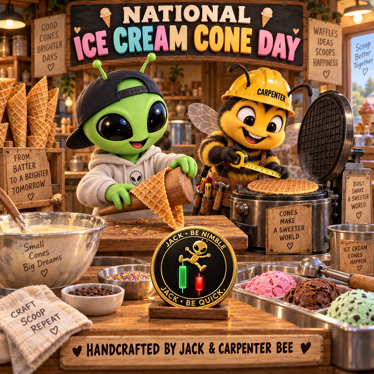 VaAlien4lovers's tweet photo. 🍦 Handcrafted by Jack & Carpenter Bee!

Jack and Carpenter Bee fired up the waffle iron, broke out the cone roller and put their craftsmanship to work for National Ice Cream Cone Day!

Today is Pick Your Own National Day in the Hive! Choose one celebration from the list, create your own original content and share it with the community:

🐘 National Elephant Appreciation Day
🍫 National White Chocolate Day
🧈 National Brown Butter Day
🧙 Hobbit Day
🍂 First Day of Fall
🗺️ National States and Capitals Day
👵 National Centenarian’s Day
👯 National Girls’ Night
📖 Dear Diary Day
👩‍💼 American Business Women’s Day
🧦 National Legwear Day
🚗 World Car-Free Day
🦏 World Rhino Day
🗳️ National Voter Registration Day
⚠️ National Falls Prevention Awareness Day

Pick your day, use your imagination and make it your own. Let’s see how creative the Hive can get! 🐝👽🍦

You don’t know JACK—but you’re about to!