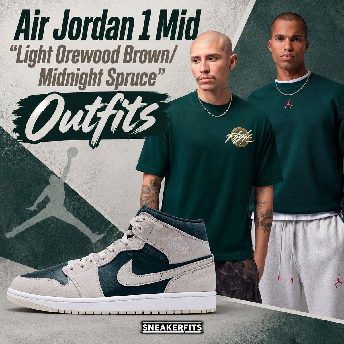 SneakerFitsCom's tweet photo. Air Jordan 1 Mid “Light Orewood Brown/Midnight Spruce” Outfits

Looking for clothing to match? Check out coordinating Jordan shirts, fleece and pants, plus a complete outfit idea.

Check out the complete outfit guide:
https://t.co/nzPdrsxeJq

#AirJordan1 #JordanBrand https://t.co/ndu3QuWYmQ