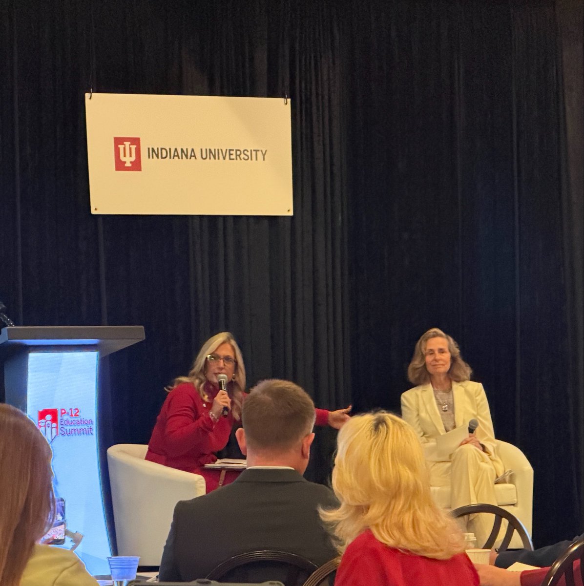 ZSmithHoward's tweet photo. Fireside Chat with @IndianaUniv Pamela Whitten and @SecJennerIN at the 4th Annual P-12 Education Summit 🤍❤️ IU campuses trains 1 in every 3 Indiana educators https://t.co/ZhLXOginUd