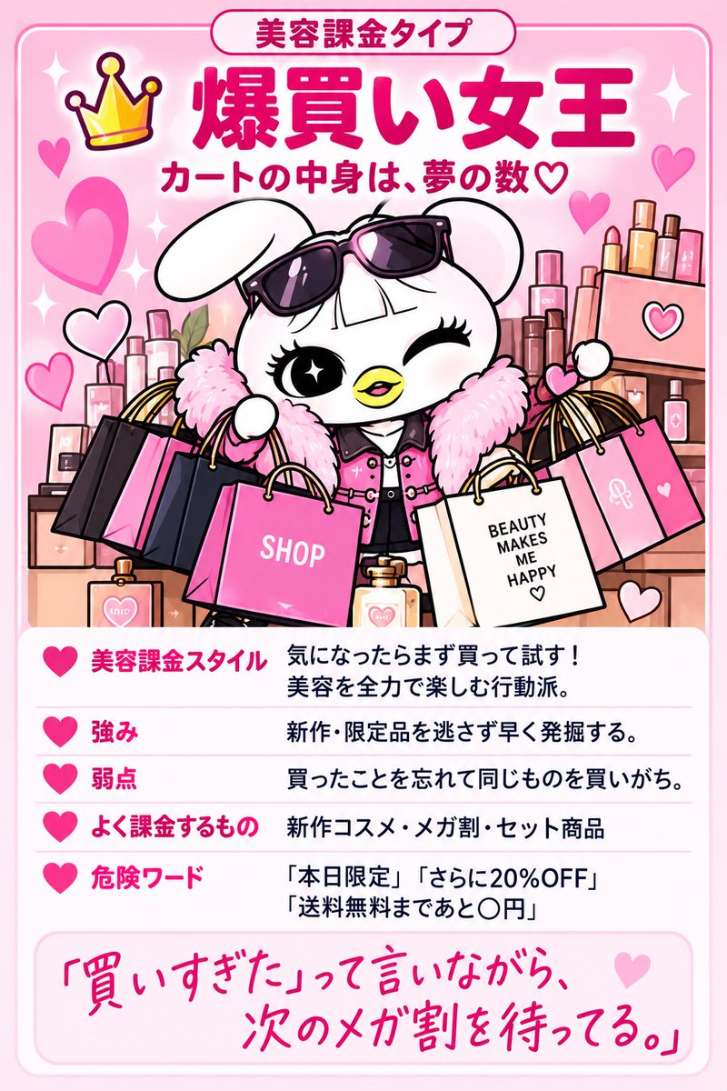 camel_25812's tweet photo. 🌙 むーんずTYPE診断
私のTYPEは「爆買い女王」でした！
カートの中身は、夢の数♡

▼課金スタイル
気になったらまず買って試す！美容を全力で楽しむ行動派。
▼強み
新作・隠れた名品を誰より早く発掘する
▼弱点
買ったことを忘れて同じものを買いがち
▼よく課金するもの
新作コスメ・メガ割・セット商品
▼危険ワード
「本日限定」「さらに20%OFF」「送料無料まであと○円」

「買いすぎた」って言いながら、次のメガ割を待ってる。

むーんぱわーさろん