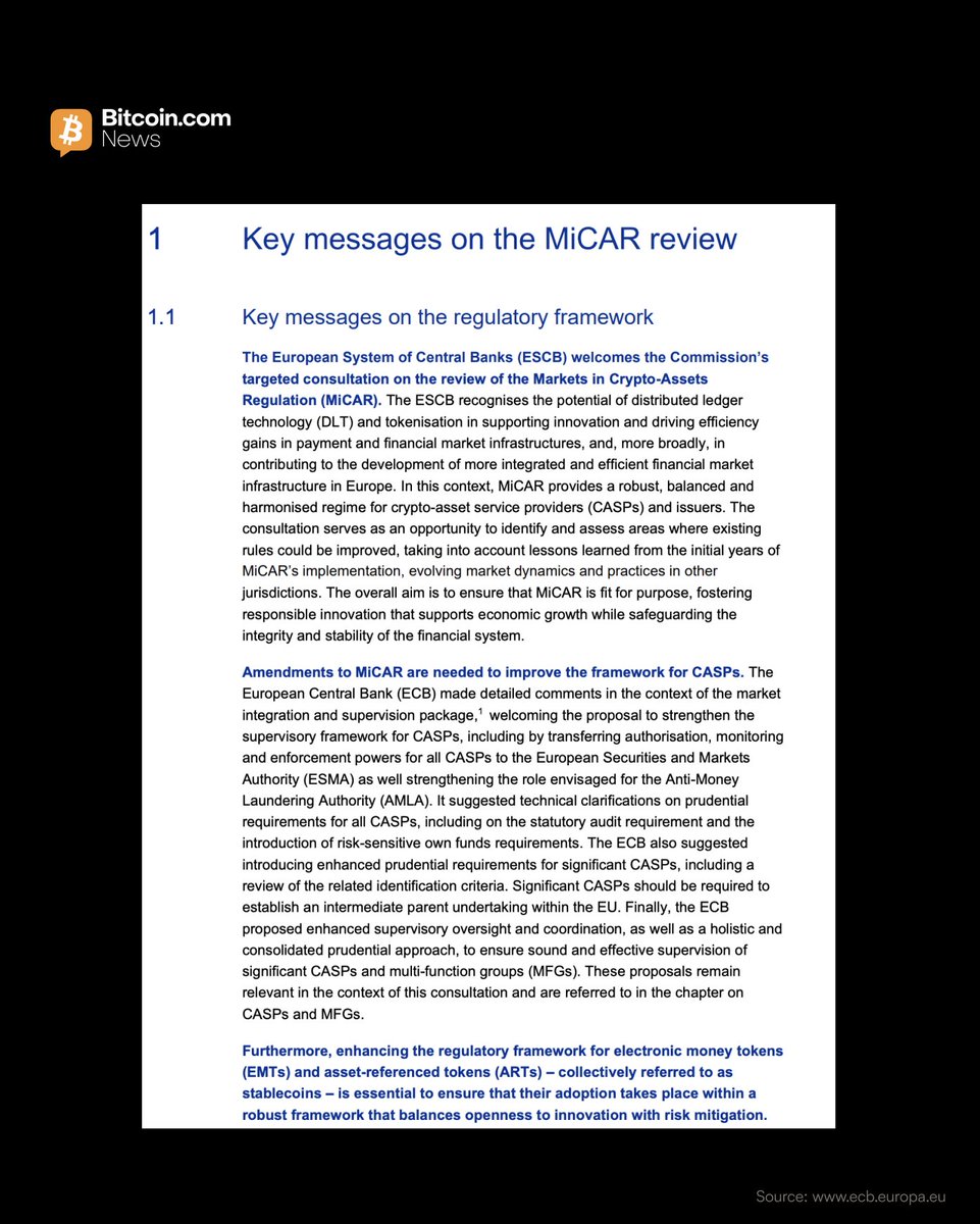 BitcoinNews's tweet photo. JUST IN: 🇪🇺 The ESCB has called on the EU to extend MiCAR to cover staking, lending, and borrowing, and to strengthen the prohibition on stablecoin interest payments to prevent circumvention through DeFi arrangements. https://t.co/DegtltZsxR