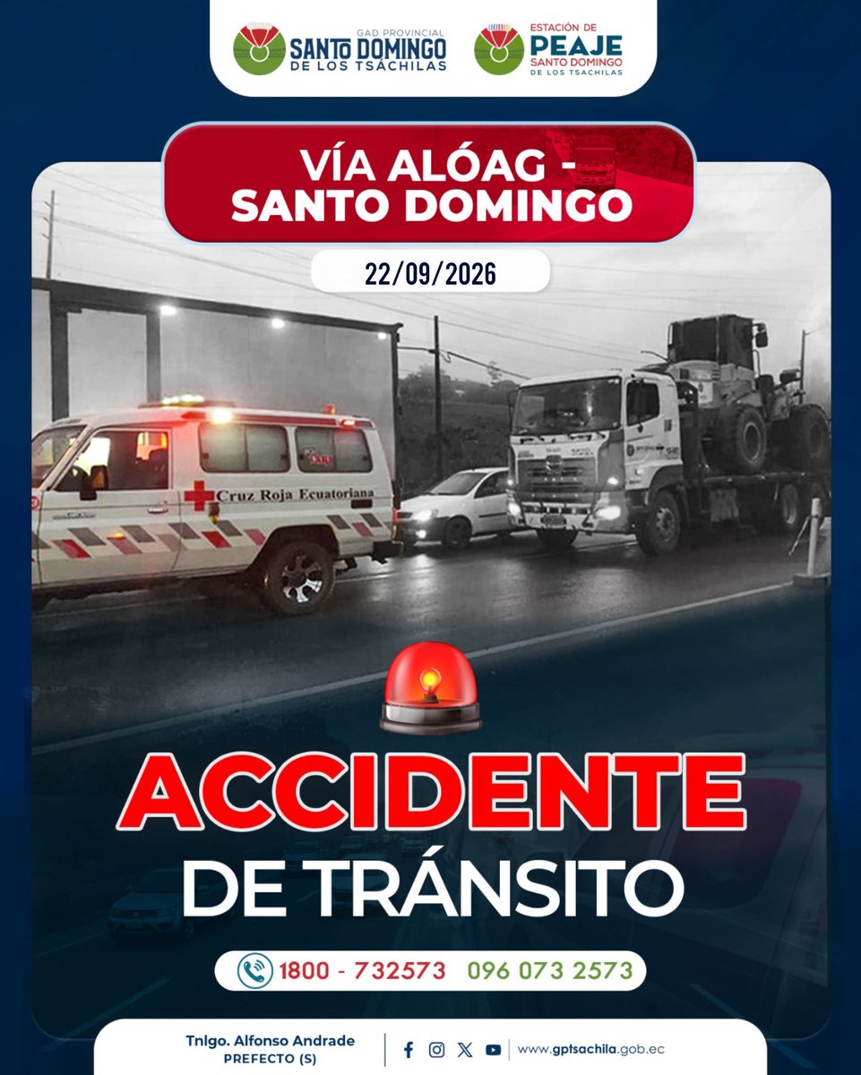 GadTsachilas's tweet photo. ⚠️ #ReportePeajeSDT | Les informamos que la vía Alóag está #cerrada, debido a que en el km.82, a la altura del puente delta, se registra un accidente de tránsito. 

🚨 Elementos de la @PoliciaEcuador, grúa y ambulancia se están dirigiendo al sector para dar asistencia. https://t.co/VYetwic6xk