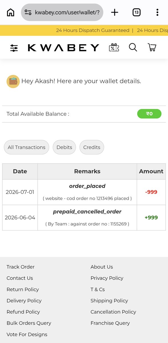 AKASHPURI21's tweet photo. @kwabey_official @Razorpay @NCH1915 @jagograhakjago
Order #1155269 was cancelled without notice and ₹999 was credited to Kwabey Wallet. they claim 24 Hours Dispatch Guaranteed.
NCH Docket #9977973 is still In Process.
Deliver #1213496 or refund in bank
#Kwabey #ConsumerComplaint https://t.co/QGJ3uyGMLF