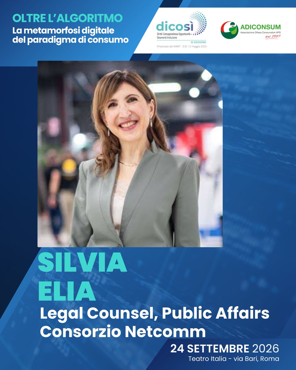 adiconsum's tweet photo. ll 24 settembre a Roma, al Teatro Italia, l’evento OLTRE L’ALGORITMO la metamorfosi digitale (AI) del paradigma di consumo vede la presenza di diversi importanti relatori come #SilviaElia @ConsNetcomm, #AntonioMancini @antitrust_it e #SimoneMoretti @shoptemu
L’evento vuole infatti:
📌Offrire un luogo di riflessione comprensiva sull’impatto complessivo dell’intelligenza artificiale sui processi decisionali di acquisto, vendita, post-vendita, sicurezza e tutela del consumatore.
📌Far emergere le principali sfide da affrontare per far sì che l’Intelligenza artificiale e le tecnologie possano essere indirizzate nel giusto modo, diventando una risorsa per il cittadino consumatore semplificando il rapporto B2C, favorendone la trasparenza e la sicurezza anche alla luce delle nuove e vecchie normative europee.
L’evento è ad ingresso gratuito con obbligo di registrazione ed è dedicato a tutti: consumatori, famiglie, professionisti, imprenditori, studenti e associazioni.
Prenota il tuo posto in sala 👇 https://t.co/T90WyNVI3t
#DICOSì #Adiconsum