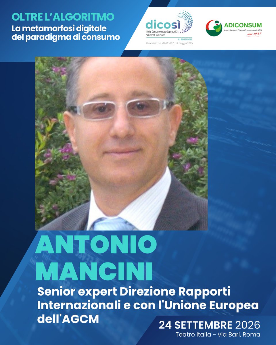 adiconsum's tweet photo. ll 24 settembre a Roma, al Teatro Italia, l’evento OLTRE L’ALGORITMO la metamorfosi digitale (AI) del paradigma di consumo vede la presenza di diversi importanti relatori come #SilviaElia @ConsNetcomm, #AntonioMancini @antitrust_it e #SimoneMoretti @shoptemu
L’evento vuole infatti:
📌Offrire un luogo di riflessione comprensiva sull’impatto complessivo dell’intelligenza artificiale sui processi decisionali di acquisto, vendita, post-vendita, sicurezza e tutela del consumatore.
📌Far emergere le principali sfide da affrontare per far sì che l’Intelligenza artificiale e le tecnologie possano essere indirizzate nel giusto modo, diventando una risorsa per il cittadino consumatore semplificando il rapporto B2C, favorendone la trasparenza e la sicurezza anche alla luce delle nuove e vecchie normative europee.
L’evento è ad ingresso gratuito con obbligo di registrazione ed è dedicato a tutti: consumatori, famiglie, professionisti, imprenditori, studenti e associazioni.
Prenota il tuo posto in sala 👇 https://t.co/T90WyNVI3t
#DICOSì #Adiconsum