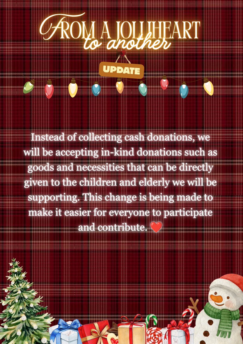 Jolliteez_cse's tweet photo. 🎄ANNOUNCEMENT🎄
DONATION DRIVE UPDATE
FROM A JOLLYHEART TO ANOTHER 

Hello, fellow ATINYs! 🫶
We have an important update regarding our “From a Jollyheart to Another” outreach project.

#FromAJollyheartToAnother
#JOLLITEEZ
#ATEEZ
#ATINY https://t.co/9spTTughj1