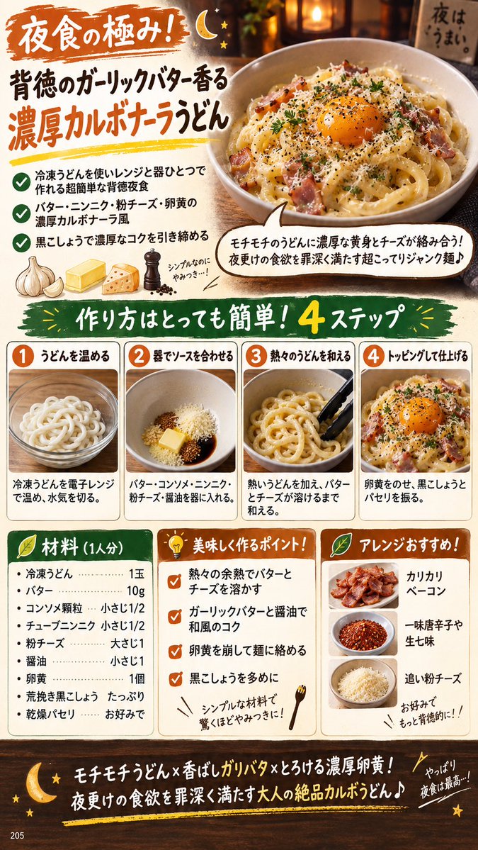 kititchen11111's tweet photo. 【背徳のガーリックバター香る濃厚カルボナーラうどん】
冷凍うどん1玉をレンジで温め、バター10g・にんにく小さじ1/2��粉チーズ大さじ1・卵黄を器ひとつで絡める罪深い夜食。黒こしょうたっぷりで。

#カルボナーラうどん #夜食 #冷凍うどん #ガリバタ #簡単レシピ https://t.co/qUIPZTpEhB