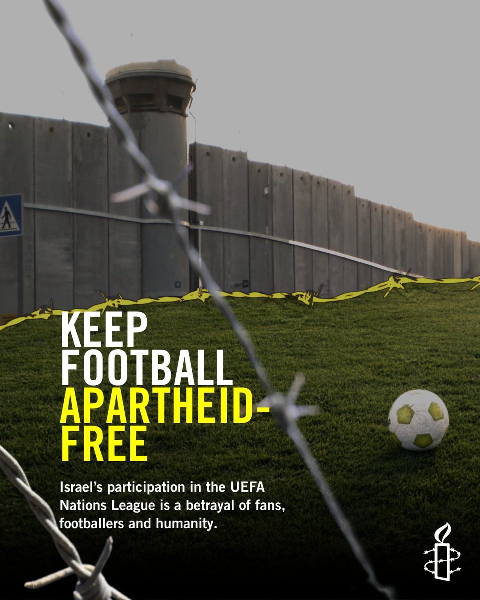 amnesty's tweet photo. As the Israel team travels to Europe where they will play against Austria, Ireland and Kosovo between 24 September - 6 October, Palestinian families are being displaced and dispossessed, their land stolen, their olive trees uprooted, and their histories erased by settlers with the support of the Israeli military. The beautiful game should bring people together, not rubber-stamp apartheid.

It’s unconscionable that the Israel men’s football team will participate in the UEFA Nations League this autumn despite clear evidence that Israel’s football association continues to support illegal settlements.

Sport should never be used as a public relations spectacle for states committing atrocities. When rules are broken, when occupation, apartheid and genocide are ongoing, we cannot look the other way.