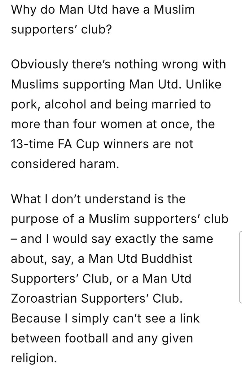 I_amMukhtar's tweet photo. Michael Deacon from The Telegraph wrote a bigoted article titled, “Why do Man Utd have a Muslim supporters’ group?”

Manchester United also has a Manchester United Jewish Supporters’ Club (MUJSC), but he would never write an article attacking them.

I’m glad they’ve stopped hiding their hatred.