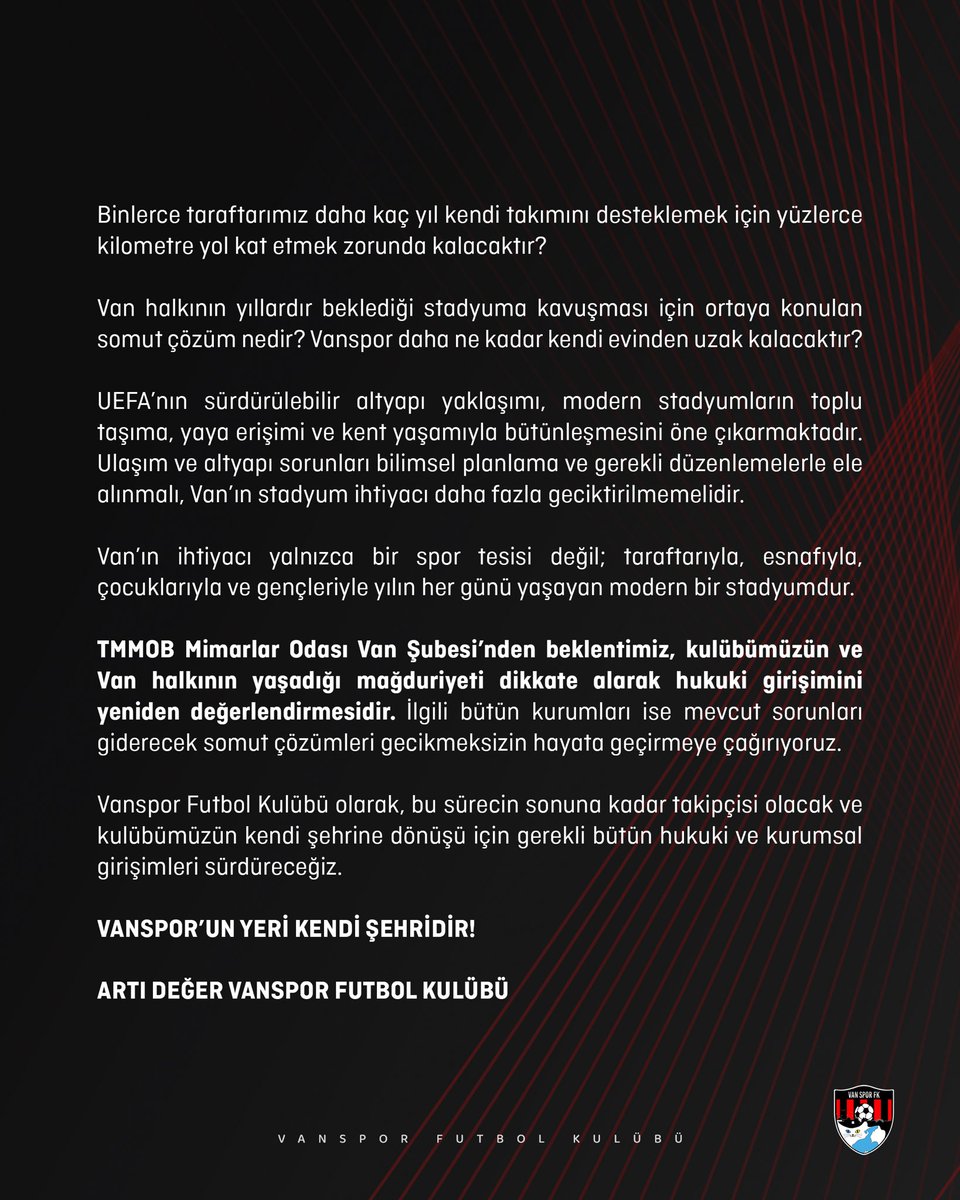 vansporfk's tweet photo. …”Şimdi soruyoruz:

Vanspor’un yıllardır beklediği stadyuma kavuşması neden hâlâ belirsizlik içerisindedir?

Bu hukuki girişimin Vanspor’un kendi şehrine dönüşünü geciktirme ihtimali neden göz ardı edilmektedir?

Kulübümüzün taraftarından uzak kalmasının, her sezon başka şehirlerde mücadele etmek zorunda bırakılmasının sportif ve ekonomik bedelini kim dikkate almaktadır?

Binlerce taraftarımız daha kaç yıl kendi takımını desteklemek için yüzlerce kilometre yol kat etmek zorunda kalacaktır?

Van halkının yıllardır beklediği stadyuma kavuşması için ortaya konulan somut çözüm nedir? Vanspor daha ne kadar kendi evinden uzak kalacaktır?”

#Vanspor