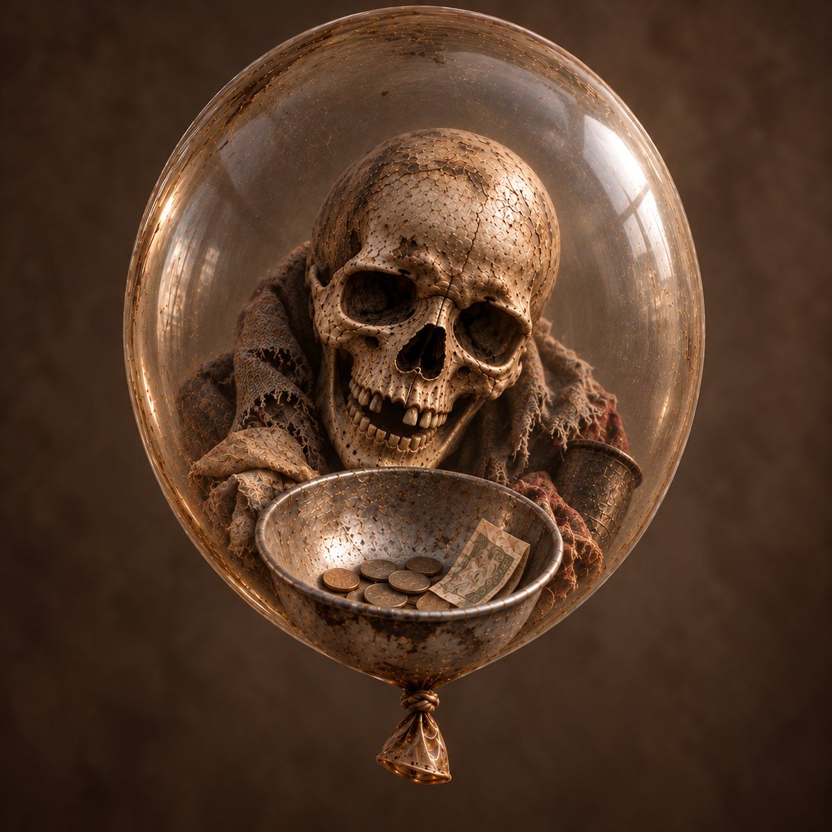 Balloonaxis's tweet photo. Same Head. Different Stories.

Introducing H014 — The Beggar.

A weathered skull enclosed inside a worn translucent balloon, humbly presenting an almost-empty bowl with only a few coins and a worn banknote.

One head. One unanswered plea.

SKULL BALLOON.

#SkullBalloon #NFT https://t.co/Ah6kRw6ocs
