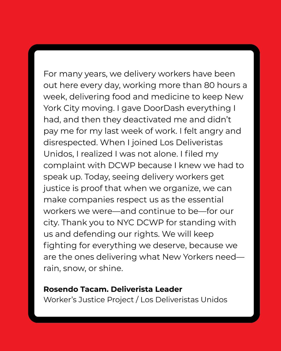 LosDeliveristas's tweet photo. NEW VICTORY- Deliveristas won a historic $131.5 million DoorDash settlement!

This victory belongs to the courageous workers who organized, and fought back when their wages were stolen and built a powerful union - @LosDeliveristas. 

Thank you, @NYCMayor @helloDCWP. https://t.co/WNTOjsgFRl