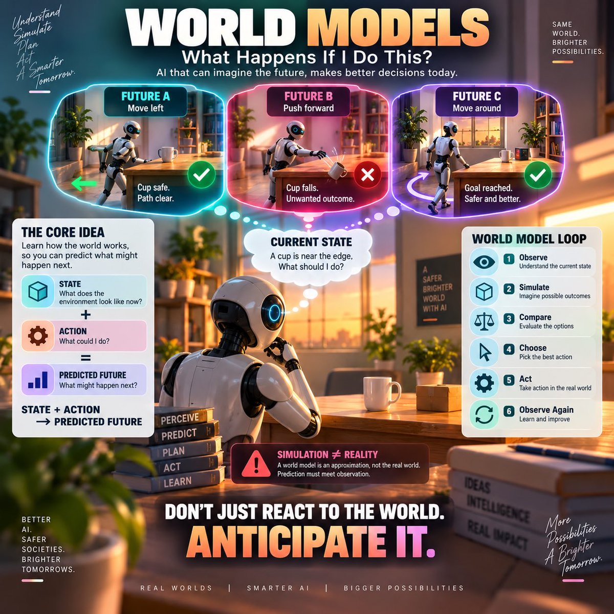 JaCreator's tweet photo. World models help AI predict how environments may change before taking action. By simulating possible futures, comparing outcomes, and learning from observations, they could help robots and autonomous systems make safer, smarter real-world decisions. https://t.co/7ZXEFA6KAO