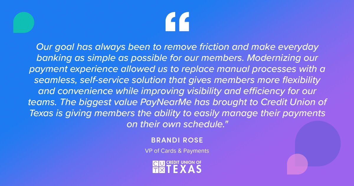 PayNearMe's tweet photo. A modern payment experience should work for members—and for the teams supporting them.

We’re proud to help CUTX make everyday banking simpler, more convenient and more member-focused.

#TestimonialTuesdays #CreditUnions https://t.co/z3cS5GKlFv