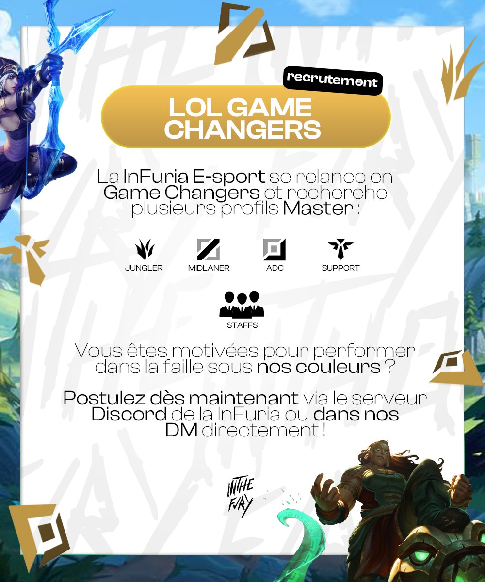 InFuria_esport's tweet photo. 🚨 RECRUTEMENT LOL GC 🚨

Nous recherchons des profils Diamant/Master pour  notre équipe Game Changers :
🌴 - Jungle
🧙‍♂️ - Mid
🏹 - ADC
🛡️ - Support

📩 Pour postuler :
➡️ https://t.co/IT6NT8cVpt
➡️ Ou directement en DM