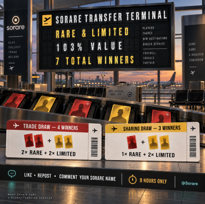 PawelTrader_'s tweet photo. ✈️ SORARE TRANSFER TERMINAL ✈️

My Rare & Limited cards are available for 103% of their value — every completed trade gives you one entry!

🏆 7 TOTAL WINNERS
🔴 Trade Draw: 2× Rare + 2× Limited
🟡 Sharing Draw: 1× Rare + 2× Limited

To enter the Sharing Draw:
❤️ Like • 🔁 Repost • 💬 Comment your Sorare username

⏳ Boarding closes in 9 hours — trade, share and fly with @Sorare!