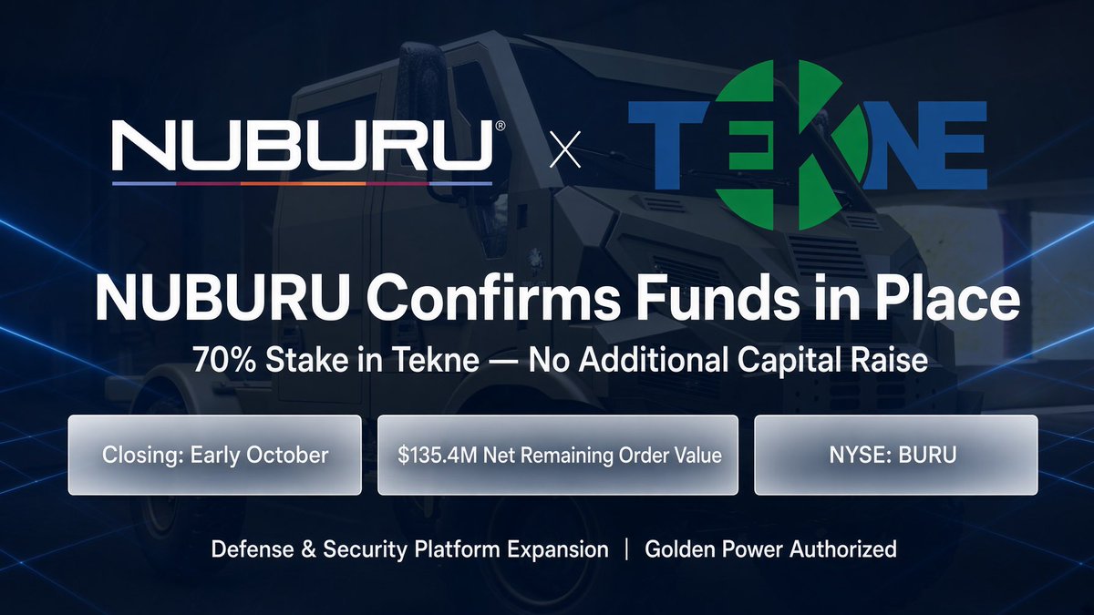 nuburulasers's tweet photo. NUBURU (NYSE: BURU) confirms funds are in place to complete the acquisition of a 70% stake in Tekne with no additional capital raise required to close.

Closing is targeted for early October. Tekne reports ~$135.4M in net remaining order value.

See press here: Link 🔗 https://t.co/0QYVKoWGal

$BURU #NUBURU #DirectedEnergy #DefenseTechnology #PublicSafety #LawEnforcement #CounterUAS
#NationalSecurity #NATO #TekneGroup @TekneGroup