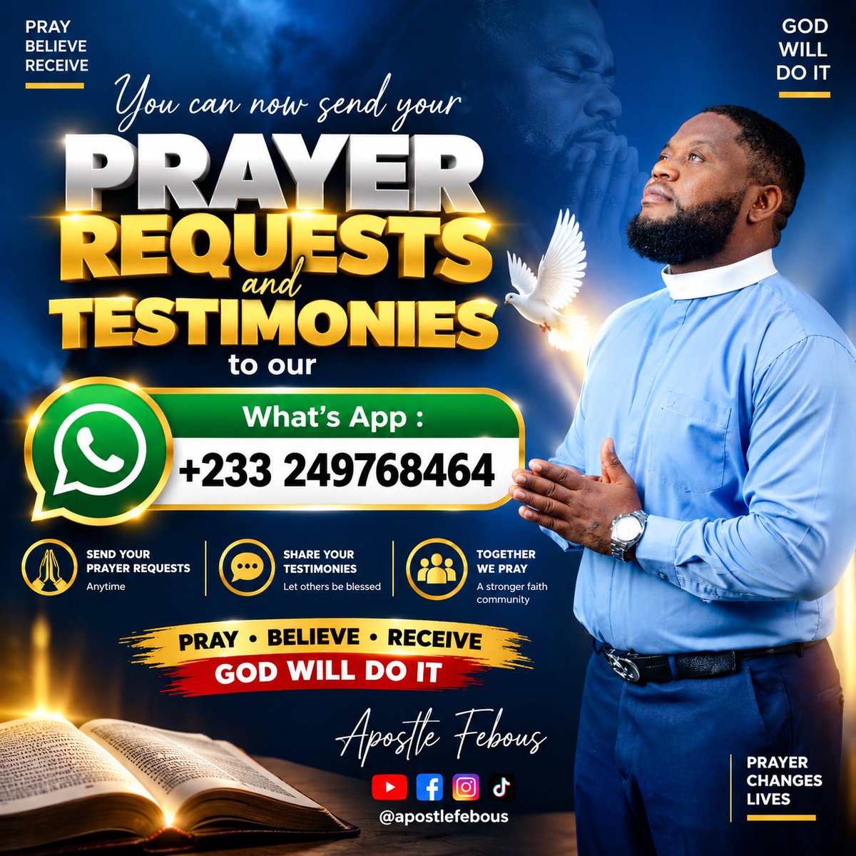 Apostlefebous's tweet photo. You can now send your PRAYER REQUEST on what’s app and we will be praying with you every morning 🙌🏽 https://t.co/hN6HG6HoRx