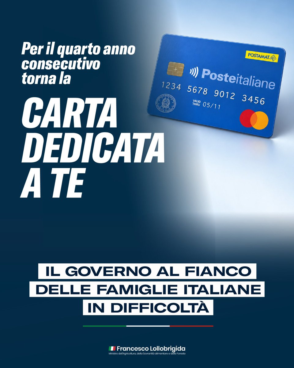 FrancescoLollo1's tweet photo. Torna la Carta “Dedicata a te”. 🇮🇹

Il Governo Meloni affianco delle famiglie e delle nostre filiere agroalimentari da quattro anni.

Tutte le novità dell’edizione 2026-2027. 👇🏻 https://t.co/p6KHzcFT6c
