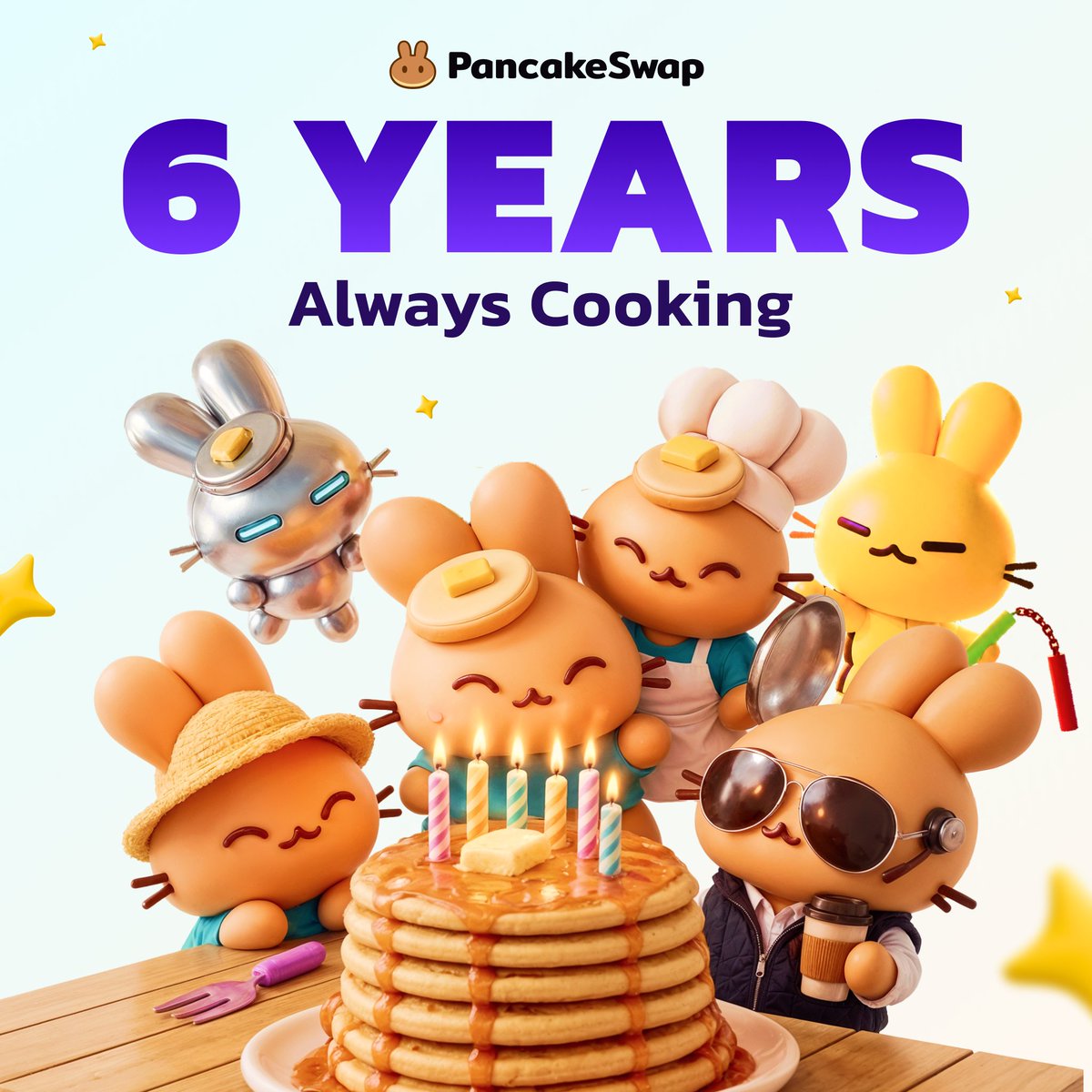 PancakeSwap's tweet photo. 6 YEARS. ALWAYS COOKING. 🥞

Six years ago, we opened our doors with an idea. Today, PancakeSwap powers liquidity across multiple ecosystems, ranks among the most trusted names in DeFi, and remains one of the most active hubs in all of crypto.

→ $4.4T+ traded 
→ 203M+ users 
→ Billions in tokenized asset volume 
→ 11 chains, live 

And we're just getting started. The oven's on, and the next few months are one of the biggest stretches in PancakeSwap's history. 

We've never been more bullish on what's ahead. 

gPancake