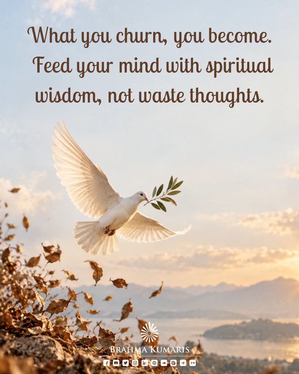 BrahmaKumaris's tweet photo. Every thought you repeatedly churn becomes a part of who you are.

The mind grows whatever it is fed. Feed it worry, comparison and noise, and they gradually become your nature. Feed it spiritual wisdom, and peace, purity and stability begin to feel natural.

Daily manthan is not just reading spiritual knowledge—it is allowing truth to reshape your thinking. Before feeding your mind the noise of the world, feed it one elevated thought.

Protect your inner world, because your destiny is being shaped by what your mind repeatedly contemplates.

#goodvibes #dailyinspiration #thoughtoftheday #selfgrowth #mentalwellness #staypositive #inspiredliving
