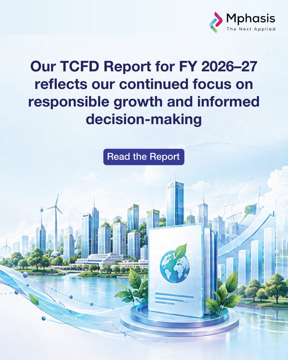 Mphasis's tweet photo. Climate-related risks and opportunities are an important consideration in building a resilient and responsible business.

The Mphasis TCFD Report FY 2026–27 provides greater transparency into our approach across the four core pillars of the Task Force on Climate-related Financial Disclosures: Governance, Strategy, Risk Management, and Metrics & Targets.

From oversight of climate-related matters and understanding their potential implications to integrating climate considerations into risk management and tracking progress towards our climate ambitions, the report provides insight into how these areas shape our approach.

As we continue to strengthen our climate strategy, our focus remains on embedding resilience, responsible growth, and informed decision-making across our operations.

Read the report to learn more: https://t.co/KoOA6PcQfg

#ResponsibleBusiness #ClimateRisk #StayAhead #EngineeringIsInOurDNA #IntelligentEngineering #AIWithoutIntelligenceIsArtificial