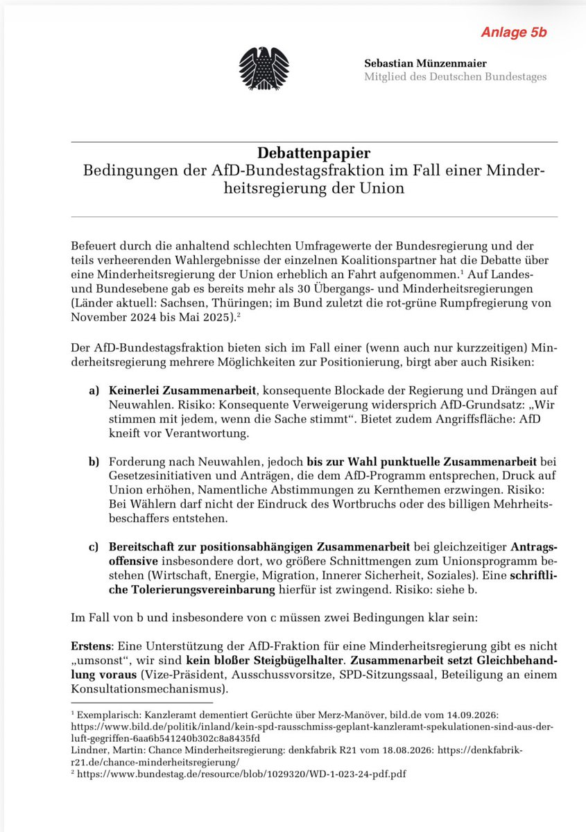 nicolediekmann's tweet photo. Die AfD hofft nach dem Wahldesaster für die CDU im Bund auf eine Minderheitsregierung. In diesem Papier erörtert Fraktions-Vize und Strippenzieher Sebastian Münzenmaier mögliche Varianten der Zusammenarbeit mit der CDU. https://t.co/N4Dw02zk47