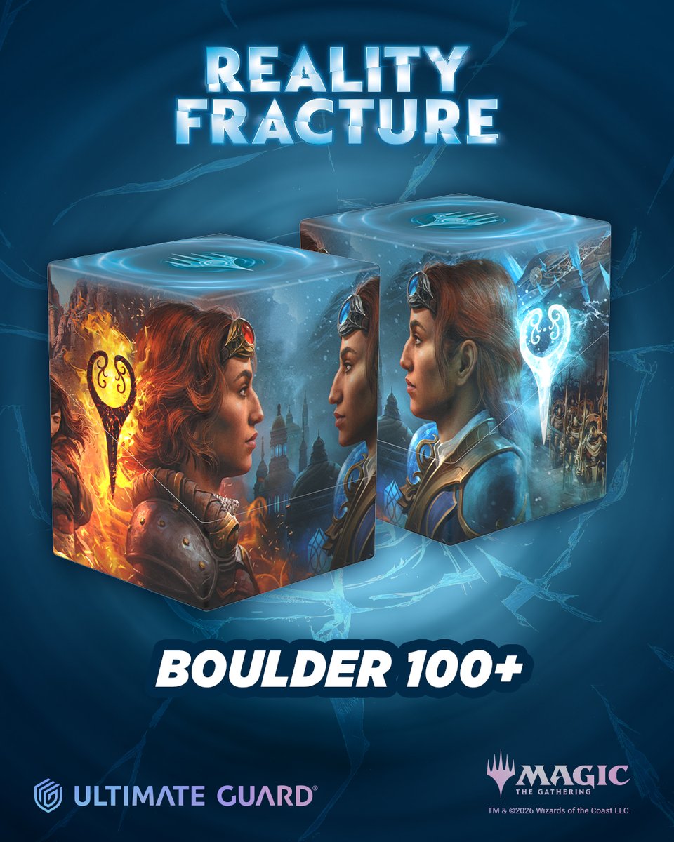 UltimateGuard's tweet photo. Reality Fracture will feature a brand-new Boulder 100+.  Durable, sustainable, and ready to keep your favorite deck protected wherever the next match takes you.  #UltimateGuard  #MagicTheGathering #RealityFracture https://t.co/B5R55YBnON