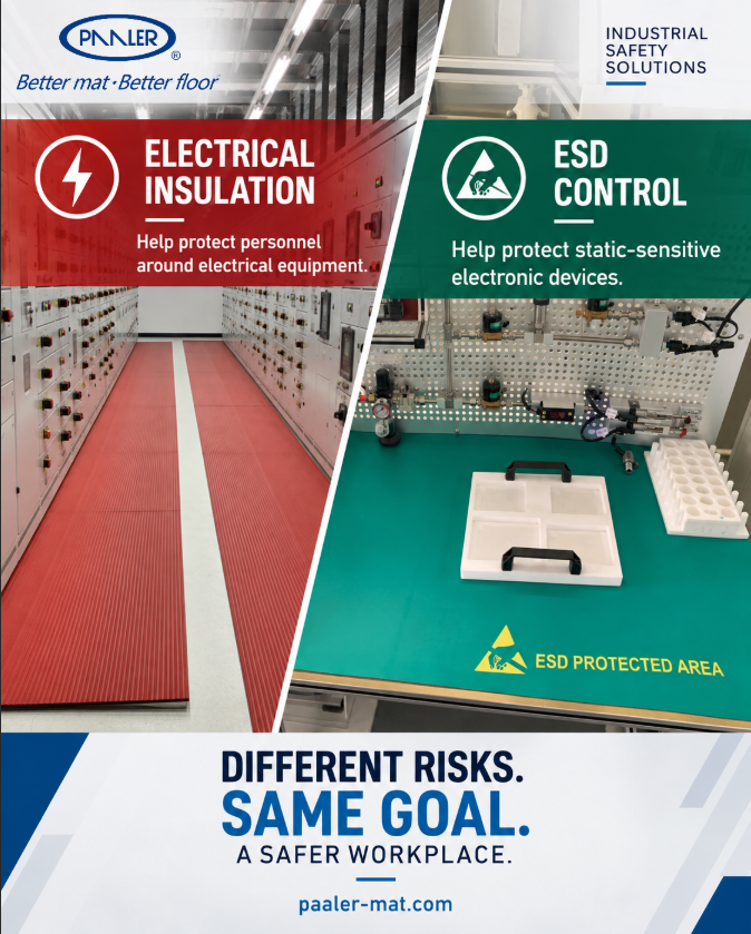 PAALERMat's tweet photo. One work environment can involve very different safety needs. ⚡Electrical insulation protects personnel. ESD control protects static-sensitive electronics. Choosing the right mat starts with the application.

#ElectricalSafety #ESD #IndustrialSafety https://t.co/84hSDTsfJl