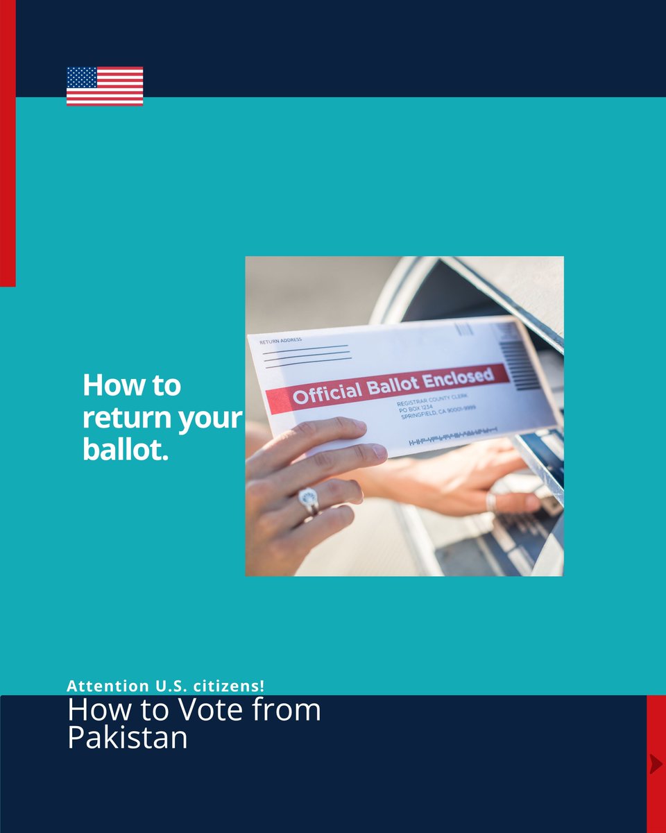 usembislamabad's tweet photo. Returning your U.S. absentee ballot from Pakistan? You have a few different options to make sure it arrives securely. Swipe through to see the best way to route your vote! Want the full breakdown on processing times and tracking? Watch the complete video guide from the link in the first caption.
