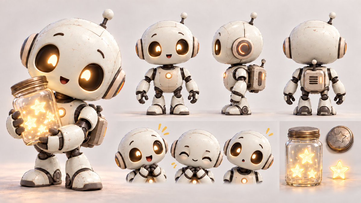 atlas_remake's tweet photo. video prompt：
Create a 15-second stylized 3D animated short with a warm, high-end family-film aesthetic. Soft matte materials, expressive character animation, cinematic lighting, no photorealism, no glossy or oily surfaces.

CHARACTER 1 — ROBOT:
A tiny white household robot with a rounded capsule body, no obvious legs, very small retractable arm nubs, a dark digital face panel, huge warm amber glowing eyes, tiny mouth, ivory-white shell, light gray details, and a small amber indicator light. Cute, innocent, slightly clumsy. Keep the exact same design and proportions throughout.
CHARACTER 2 — HUMAN:
An adult female character with a youthful, gentle animated appearance. Petite build, soft facial features, simple casual clothing, quiet and slightly lonely mood. Natural restrained expressions, no dialogue, consistent appearance throughout.

ENVIRONMENT:
A large, empty rooftop of an ordinary residential apartment building at night. Wide concrete floor, faded parapet walls, old pipes, vents, water tank, AC units, and a simple makeshift robot living corner with a tarp, thin mattress, worn blanket, crude desk, stool, storage boxes, and telescope.
The rooftop is mostly dark. The distant apartment skyline is dim and hazy. Heavy blue-gray clouds cover the sky.

IMPORTANT SKY RULE:
There is NO MOON anywhere in the entire video.
No crescent moon, full moon, half moon, glowing celestial disk, planet, or sun.

At the beginning, the sky contains ZERO visible stars.

Only one weak warm lamp near the robot's shelter provides light.
0–3s:
Wide shot of the empty rooftop.

The tiny robot rolls out carrying a glass jar containing several small glowing golden star-shaped lights.

The jar softly lights its face and white shell.

The robot stops near the rooftop edge, looks up at the completely dark, starless sky, opens the jar, takes out one glowing star, and carefully throws it upward.

The glowing star rises only a little, then falls back and lightly hits the robot on the head.
Small comedic “bonk.”

The robot freezes, blinks once, and looks upward in confused disappointment.

3–6s:
The robot picks up the glowing star and tries again.

This time it steps back and throws much harder.

The camera follows the tiny glowing star upward.

For one moment it seems successful—

then it curves backward and drops directly into the open jar.

Tiny glass clink.
The robot stares into the jar.

Silent beat.

Its shoulders slowly drop and its eyes become slightly sad.

6–9s:
The robot hears a small movement behind it.

Camera pans across the dark rooftop.

An adult woman sits alone near the parapet wall, knees drawn close, quietly looking at the dark city.

She is not crying, only calm and lonely.

The robot looks at her.

Then at the jar.

Only one glowing star remains inside.
It hesitates, then its expression softens.

9–12s:
The robot slowly approaches her.

She notices the warm glow and looks up.

The robot stops beside her and carefully offers the final glowing star with its tiny arm nubs.

Close-up:
golden light reflects softly in her eyes.

She gently takes the star in both hands.

Her expression slowly changes into a small genuine smile.

The robot's eyes immediately brighten.

12–15s:
Close-up of the woman holding the tiny glowing star.
Warm light softly illuminates both characters.

She looks at the robot.

The robot gives a shy happy expression.

Then she notices something extremely small in the sky.
She looks upward.

The robot follows her gaze.

Camera slowly pulls back into a wide shot.

FINAL SKY EVENT:
One single REAL STAR becomes visible high in the dark cloudy sky.

It must look like a real distant star:
a tiny sharp white point of light,
almost pin-sized,
very far away,
with only a subtle natural twinkle.
The star must remain extremely small in frame.

It is NOT a five-point cartoon star.
It is NOT a glowing orb.
It is NOT a large light source.

It must NEVER resemble the moon.

NO circular disk.
NO crescent shape.
NO visible surface.
NO large halo.
NO yellow moonlight.
NO planet-like object.

Only ONE tiny distant white point of starlight.

The surrounding sky stays dark and mostly empty.

No other stars appear.

Final shot:
the woman and tiny robot sit side by side near the rooftop edge, quietly looking at that single distant star.

The robot makes one tiny happy wiggle.
Cut to black.

VISUAL STYLE:
Stylized high-end 3D animated feature-film look, soft rounded shapes, matte surfaces, subtle texture, expressive but restrained faces, warm amber light against cool dark-blue night, slightly worn residential rooftop, no excessive fantasy effects.
CAMERA:
Wide establishing shot, medium character shots, reaction close-ups, gentle tracking, final slow pull-back. Smooth camera movement, no handheld shake, no rapid cuts.
AUDIO:
No dialogue, no lyrics, no copyrighted music.
Use distant city hum, light wind, small robot mechanical sounds, glass clinks, soft metallic taps, and a subtle “bonk.”
Minimal music: playful during the failed throws, soft and emotional near the ending.

NEGATIVE:
ABSOLUTELY NO MOON.
NO crescent moon.
NO full moon.
NO half moon.
NO lunar disk.
NO glowing circle in the sky.
NO planet.
NO sun.
NO large celestial object.

No subtitles, text, logos, watermark, neon city, crowded rooftop, magical explosion, excessive particles, star field, multiple stars, outfit changes, character morphing, glossy plastic skin, excessive bloom, or live-action realism.