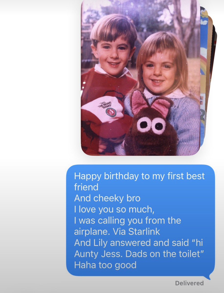 JessicaDAmir7's tweet photo. Starlink is incredible. 

I got to call my brother and wish him Happy birthday 🎈 from this Emirates flight.

His five year old answered the call, “hi Aunty Jess. Dads on the toilet” 

I said “tell him I am calling from the aeroplane to say happy birthday”

Life is good ♥️⭐️ https://t.co/2l3uLxD7ZA