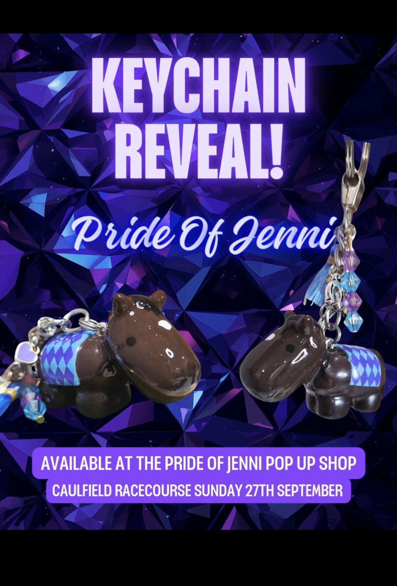 TracksideCharms's tweet photo. REVEALED 💜💙
An exclusive Pride Of Jenni keychain will be available at the Pride of Jenni Pop up shop at Caulfield Racecourse Sunday 27th September!

Massive thanks to @PrideOfjenni for the opportunity to showcase Trackside Charms 🫶 

Grab all your Jenni merch including hats, shirts and some cute plushies! Then watch her in action 🏇

Ready for you trackside 🌟