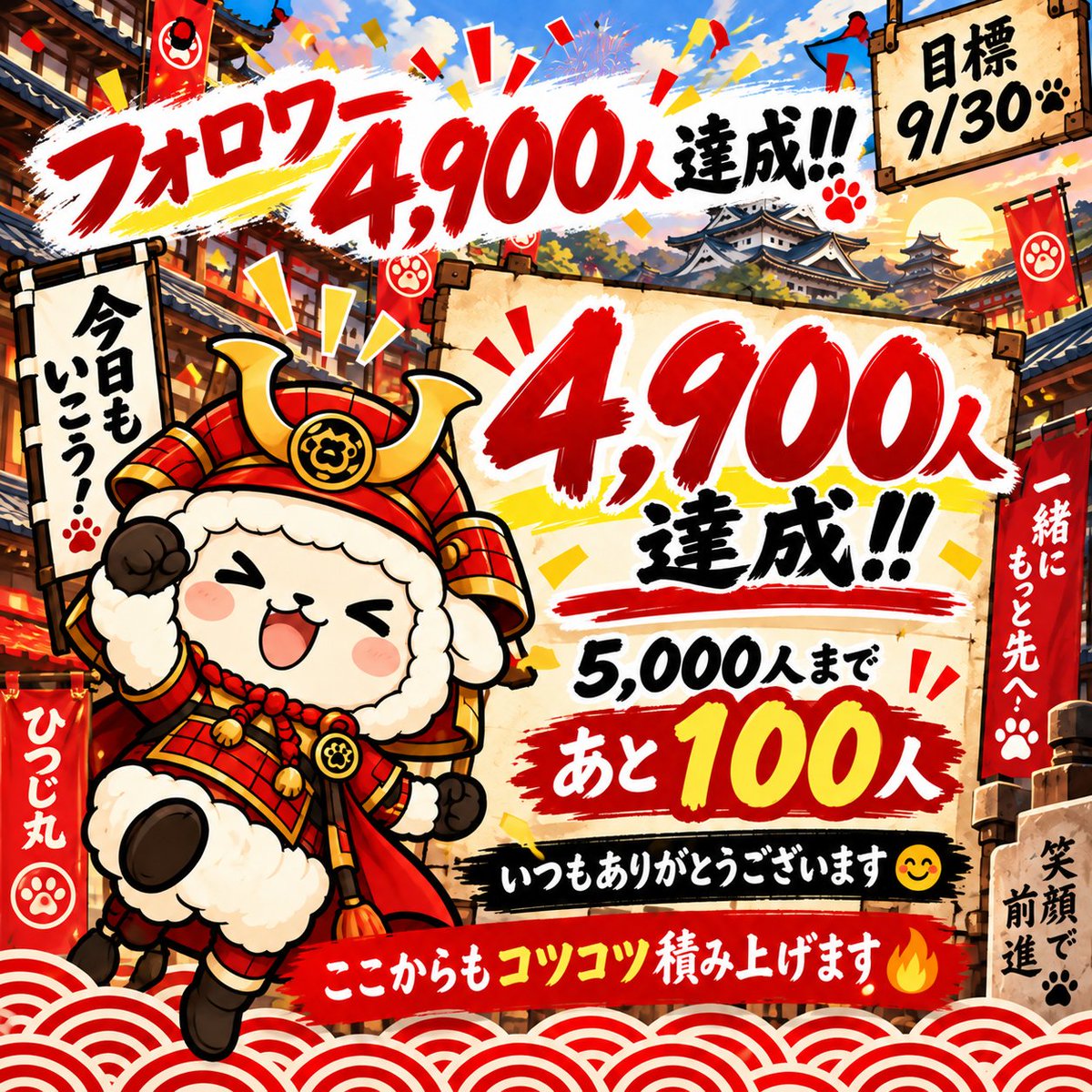 hitsujimaru_ai's tweet photo. 🎉フォロワー4,900人達成ーー！！

ついにハーフ万垢まであと100人🔥
5,000人がかなり近づいてきました🐑

いつも交流してくださる皆さん、本当にありがとうございます😊

目標は9/30。 ここからもコツコツ積み上げます！ https://t.co/OpEo37cWlV