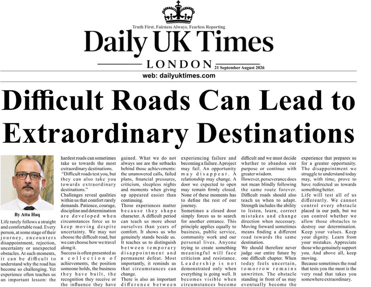 MRATTAHAQ's tweet photo. Proud to share my latest feature in Daily UK Times London. 

“Difficult Roads Can Lead to Extraordinary Destinations.” 

https://t.co/NnL33elEws  #AttaHaq #DailyUKTimes #Resilience #KeepMovingForward https://t.co/T5eIik4KEA