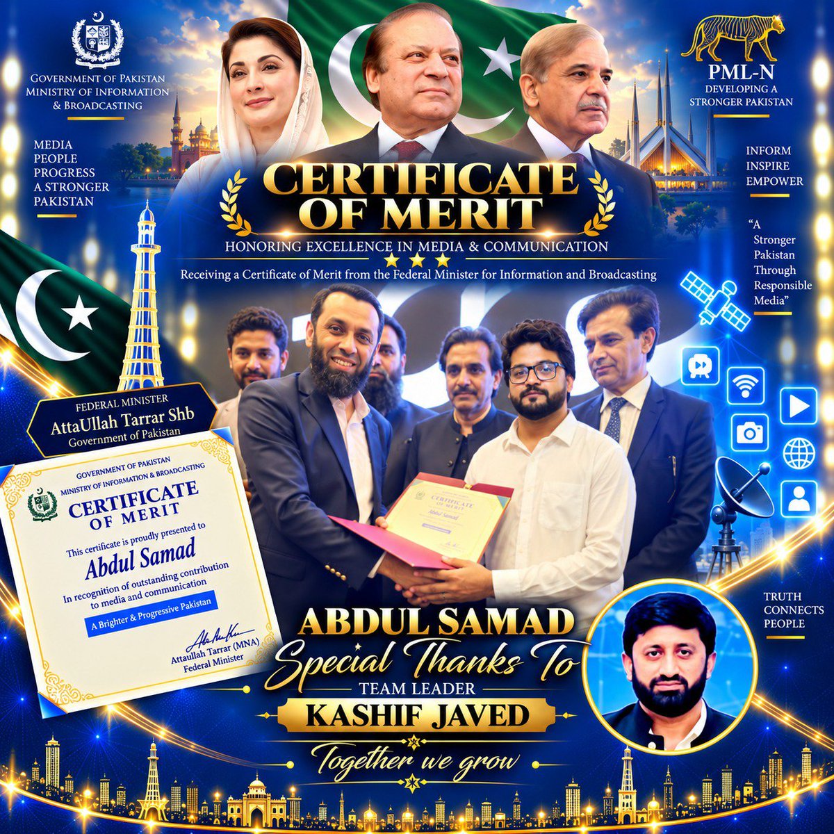Abdulsamadpmln's tweet photo. Honoured to receive the Certificate of Merit from Federal Minister MOIB @TararAttaullah in recognition of my services for PML-N. 🇵🇰� My Pleasure!
#PMLN #Pakistan #CertificateOfMerit #AttaullahTarar #MOIB #SocialMedia #DigitalMedia #PakistanMuslimLeagueN #NawazSharif #MaryamNawaz https://t.co/HZKjhdlSQs