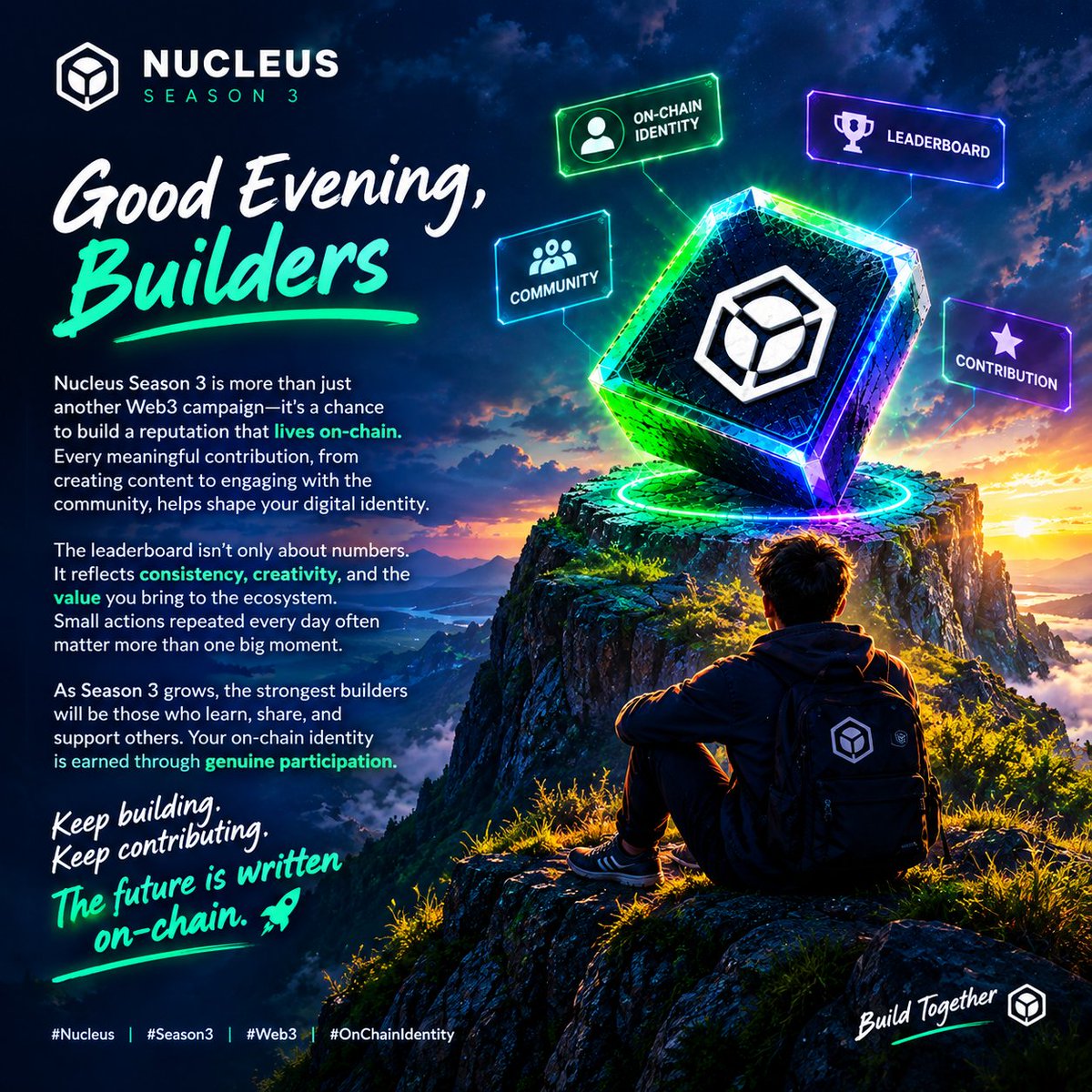 ALLoman8's tweet photo. 🌌 Good Evening, Builders

@NucleusCodes Season 3 is more than another Web3 campaign it's a chance to build a reputation that lives on-chain. Every meaningful contribution, from creating content to engaging with the community, helps shape your digital identity.

The leaderboard isn't only about numbers. It reflects consistency, creativity, and the value you bring to the ecosystem. Small actions repeated every day often matter more than one big moment.

As Season 3 grows, the strongest builders will be those who learn, share, and support others. Your on-chain identity is earned through genuine participation.

Keep building. Keep contributing. The future is written on-chain. 🚀