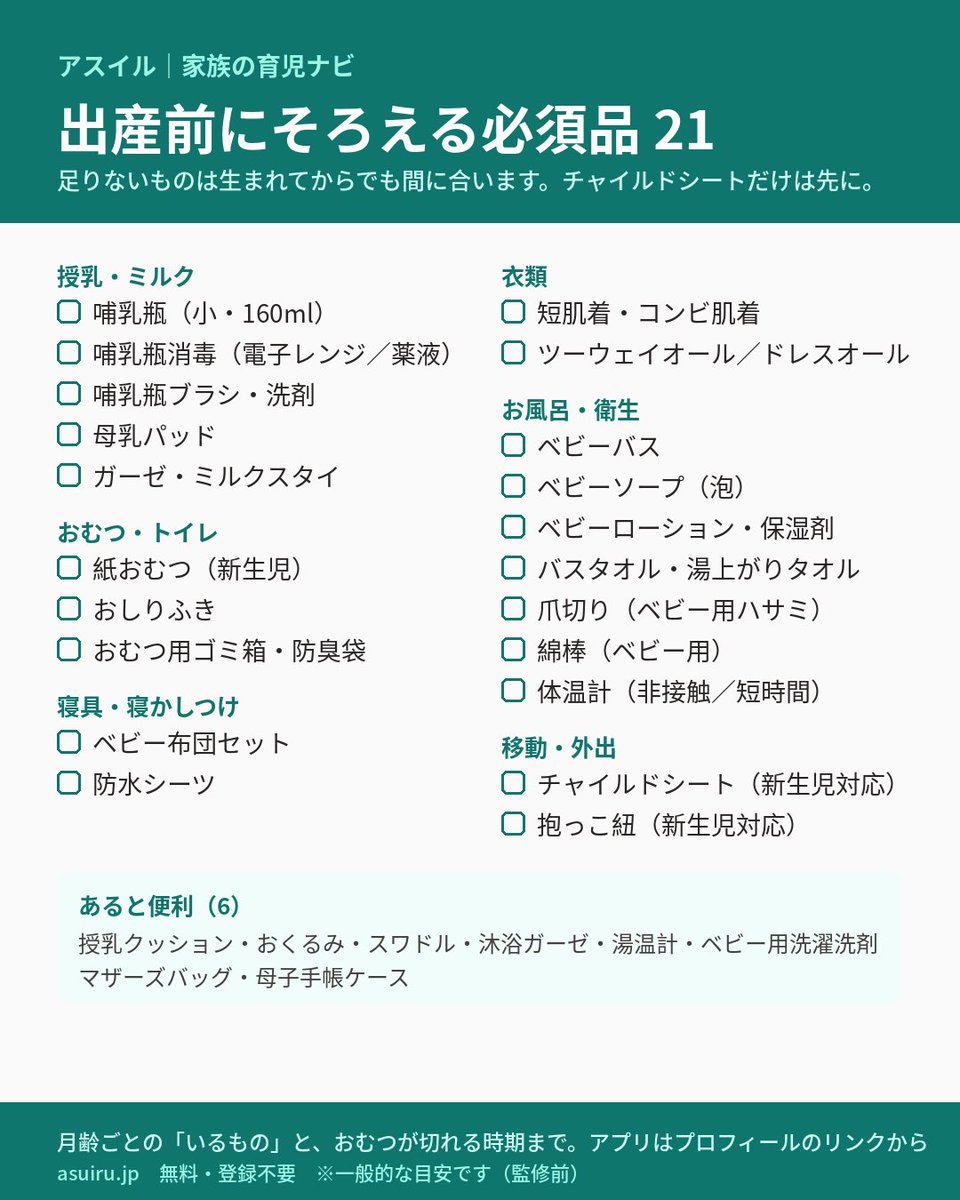 asuiru_jp's tweet photo. 出産前にそろえる必須品、21個。
足りないものは生まれてからでも間に合います。ネット注文なら翌日届くので、慌てて全部そろえなくて大丈夫。
チャイルドシートだけは退院の日に使うので先に。
※一般的な目安です（監修前）
https://t.co/OMdg6N7lwb https://t.co/Ho0eKUQkyr