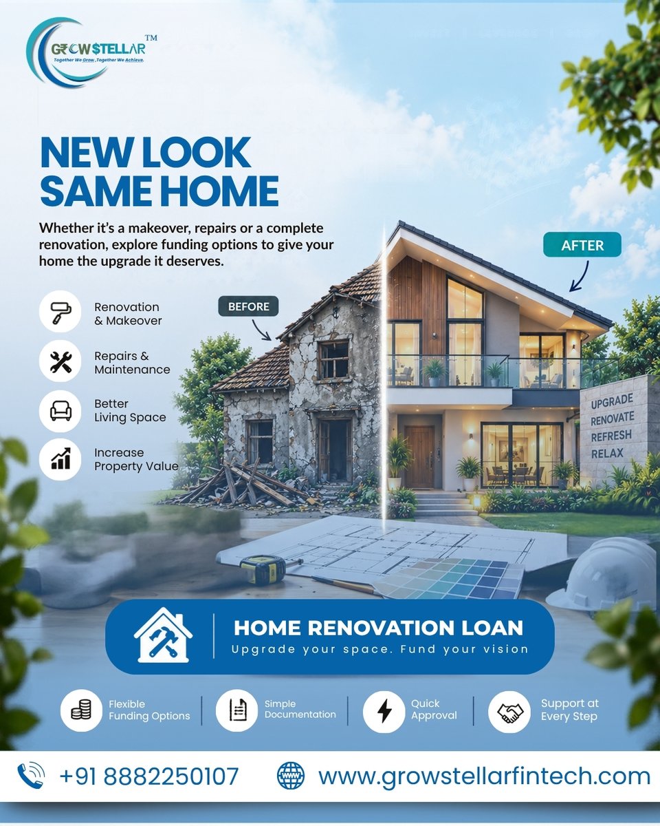 Growstellar06's tweet photo. 🏡 NEW LOOK. SAME HOME.

Planning a renovation, repairs or complete makeover?

A Home Renovation Loan can help you explore funding options for upgrading your space.

📞 +91 88822 50107
🌐 https://t.co/MH9PGkam9Q

#HomeRenovation #HomeLoan #HomeFinance #GrowStellar https://t.co/YszDVCXSPJ