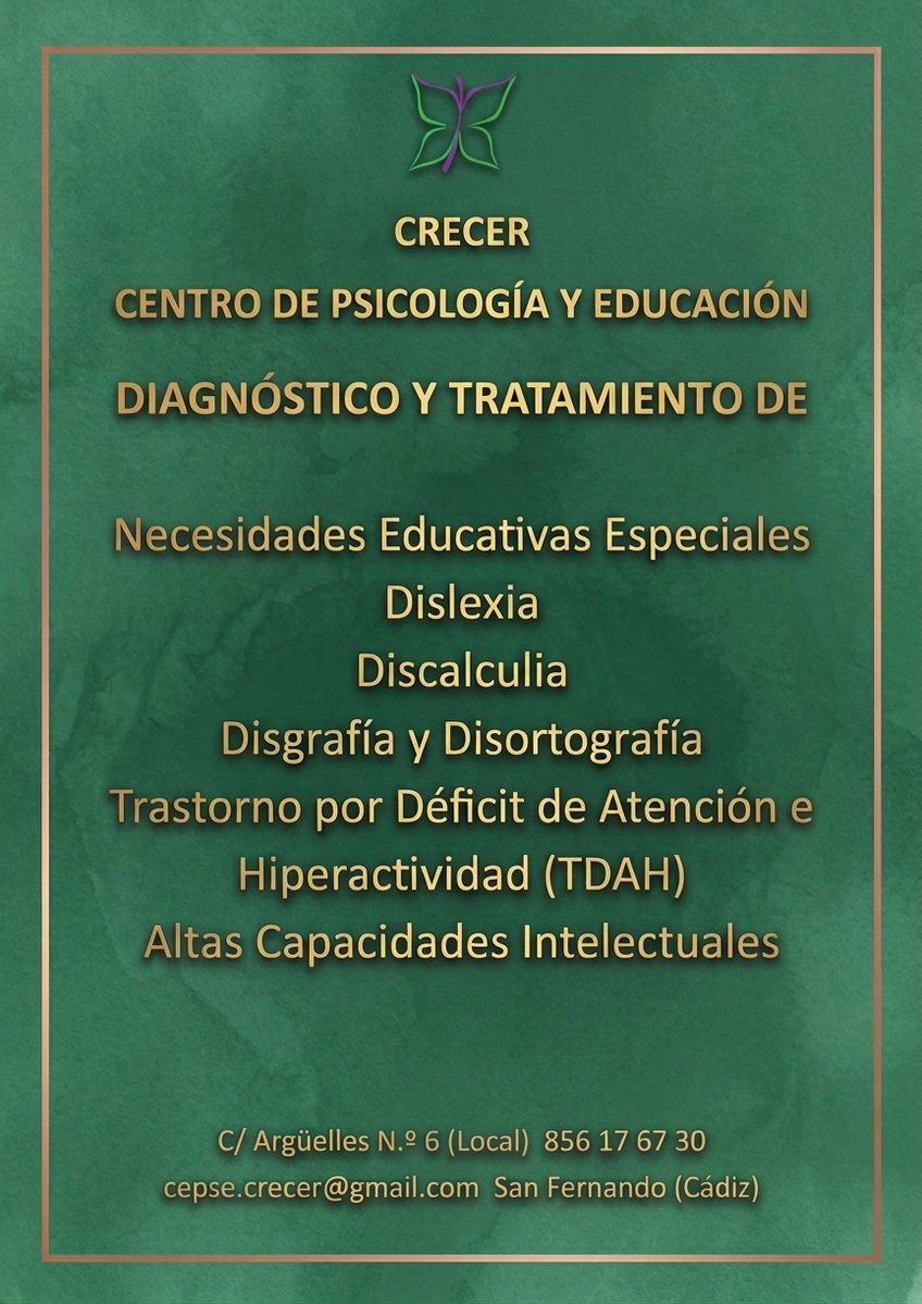 1CRECER's tweet photo. Diagnóstico y tratamiento de necesidades educativas especiales
Dislexia
Discalculia
Disgrafía y disortografía
Trastorno por déficit de atención e hiperactividad (tdah)
Altas capacidades intelectuales https://t.co/siaG5iIWsv
