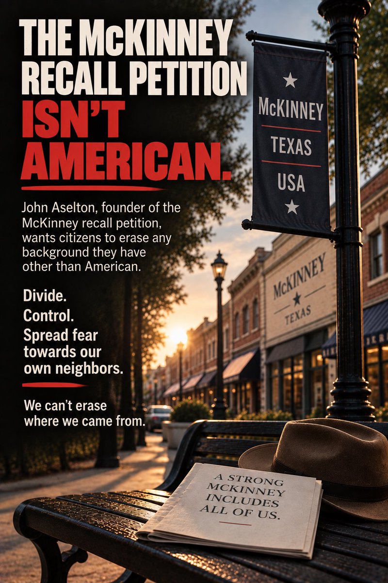 ConstMcK's tweet photo. Being American doesn’t mean erasing where we came from. @Jaselton , founder of the McKinney recall petition, should understand that spreading fear toward our own neighbors is no substitute for respecting their rights. 🇺🇸

@SelfForCongress @_withashley https://t.co/A15ODdXwFz